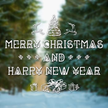 Merry Christmas and New Year hand drawing greeting card on blurred green spruces or fir-trees in winter forest background