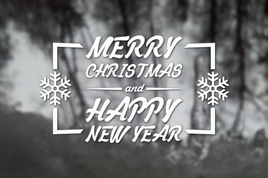 Merry Christmas and New Year greeting card on blurred trees at winter black and white background