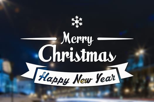 Merry Christmas and New Year greeting card on blurred night city streets illuminated buildings background