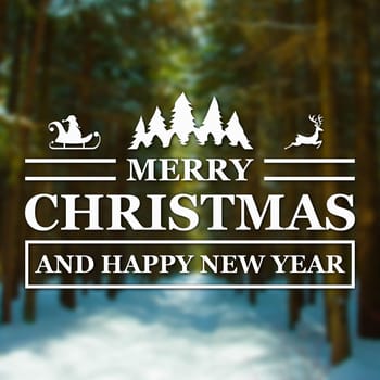 Merry Christmas and New Year greeting card on blurred green spruces or fir-trees in winter forest background