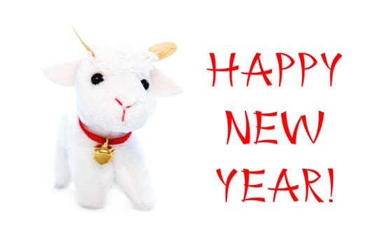 New Year greeting card or postcard with white goat or sheep toy the chinese symbol of 2015 year on white background