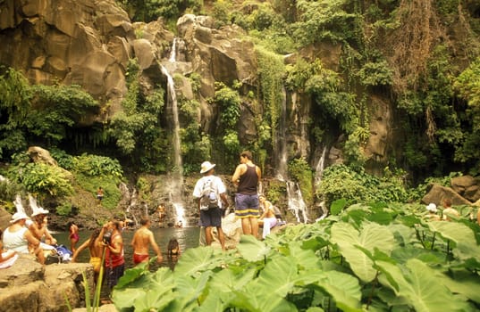 the waterfall and natural parc of La Ravine St Gilles bei St Gilles les Bains on the Island of La Reunion in the Indian Ocean in Africa.