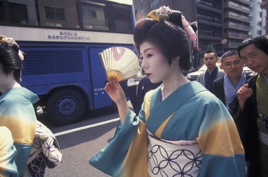 a Gaisha at the big Edo Festival at the Kanda-Matsuri Temple in the City center of Tokyo in Japan in Asia,....