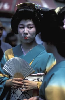 a Gaisha at the big Edo Festival at the Kanda-Matsuri Temple in the City center of Tokyo in Japan in Asia,....