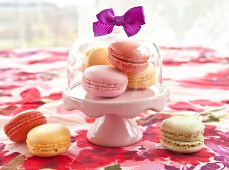 Colorful macarons on pink floor on blued tablecloth