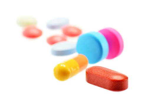 Composition with variety of drug pills and container