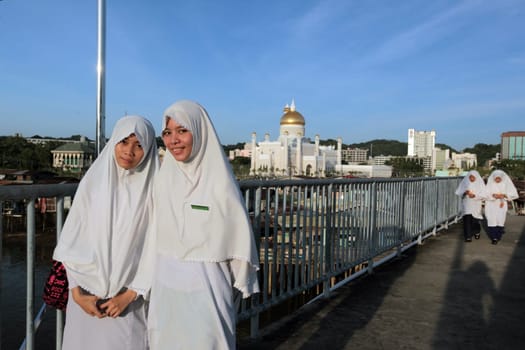 the Omar Ali Saifuddien Mosque in the city of Bandar seri Begawan in the country of Brunei Darussalam on Borneo in Southeastasia.