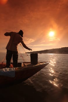 a fishermen on the coast near the city of Bandar seri Begawan in the country of Brunei Darussalam on Borneo in Southeastasia.