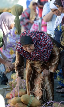 Durian at the market in the city of Bandar seri Begawan in the country of Brunei Darussalam on Borneo in Southeastasia.