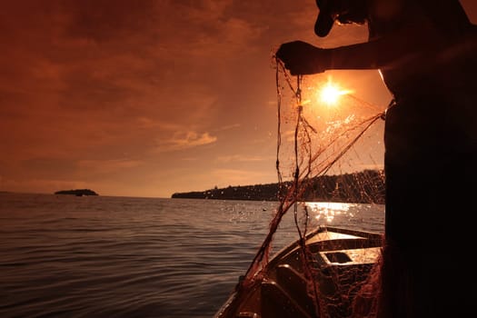 a fishermen on the coast near the city of Bandar seri Begawan in the country of Brunei Darussalam on Borneo in Southeastasia.