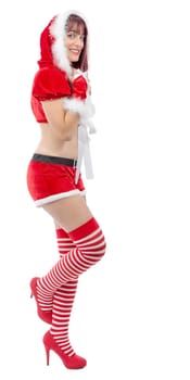 Smiling girl in santa clause costume on white