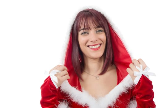portrait of beautiful sexy girl wearing santa claus clothes on white background