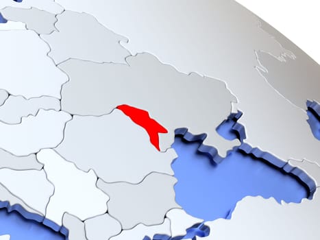 Map of Moldova on elegant silver 3D globe with blue oceans. 3D illustration