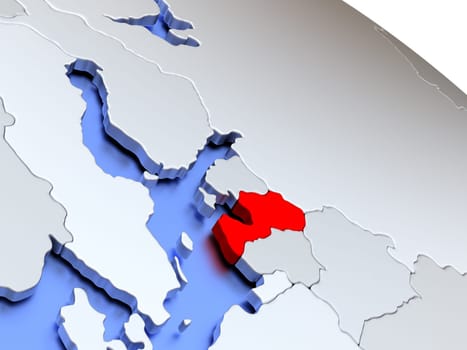 Map of Latvia on elegant silver 3D globe with blue oceans. 3D illustration