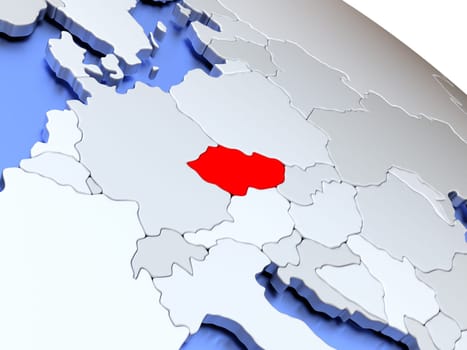 Map of Czech republic on elegant silver 3D globe with blue oceans. 3D illustration