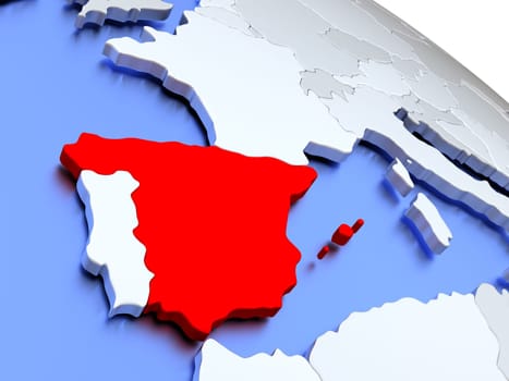 Map of Spain on elegant silver 3D globe with blue oceans. 3D illustration