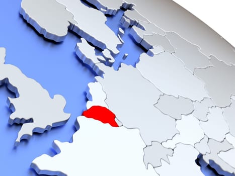 Map of Belgium on elegant silver 3D globe with blue oceans. 3D illustration