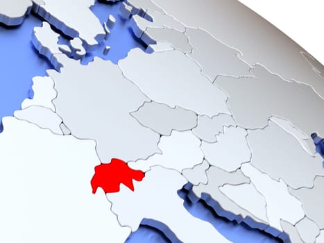 Map of Switzerland on elegant silver 3D globe with blue oceans. 3D illustration