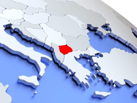Map of Macedonia on elegant silver 3D globe with blue oceans. 3D illustration