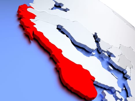 Map of Norway on elegant silver 3D globe with blue oceans. 3D illustration