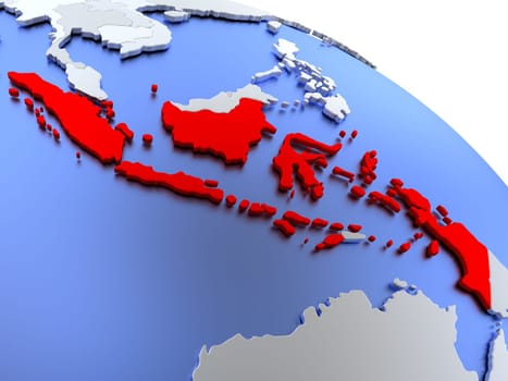 Map of Indonesia on elegant silver 3D globe with blue oceans. 3D illustration