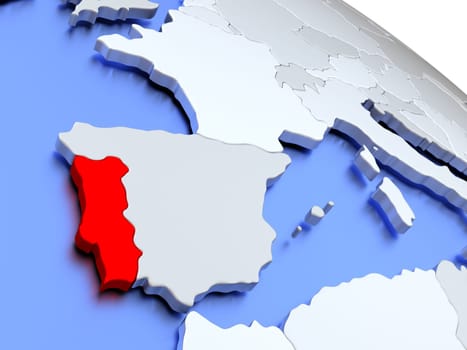 Map of Portugal on elegant silver 3D globe with blue oceans. 3D illustration