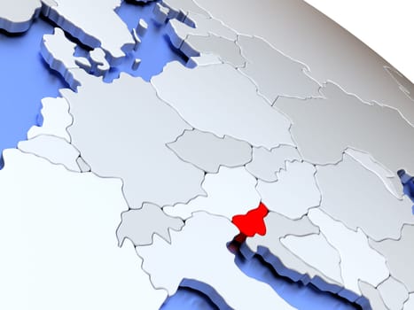 Map of Slovenia on elegant silver 3D globe with blue oceans. 3D illustration