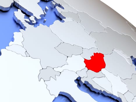 Map of Hungary on elegant silver 3D globe with blue oceans. 3D illustration