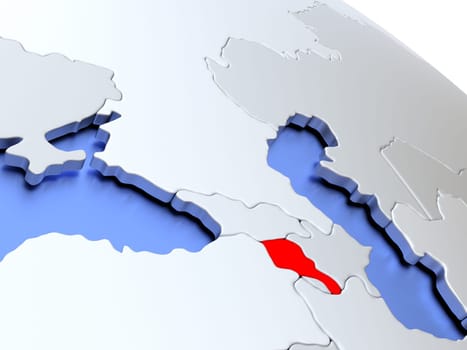 Map of Armenia on elegant silver 3D globe with blue oceans. 3D illustration