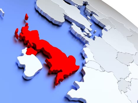 Map of United Kingdom on elegant silver 3D globe with blue oceans. 3D illustration