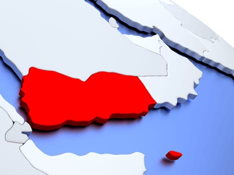 Map of Yemen on elegant silver 3D globe with blue oceans. 3D illustration