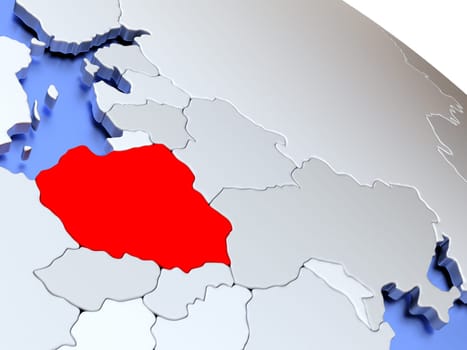 Map of Poland on elegant silver 3D globe with blue oceans. 3D illustration