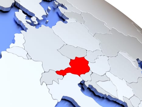 Map of Austria on elegant silver 3D globe with blue oceans. 3D illustration