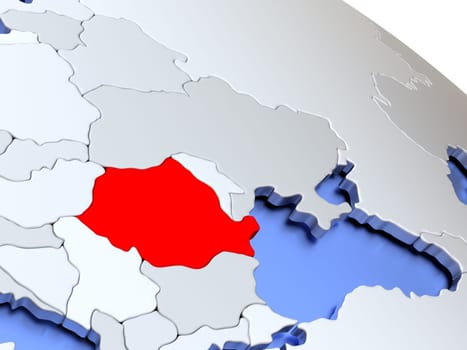 Map of Romania on elegant silver 3D globe with blue oceans. 3D illustration