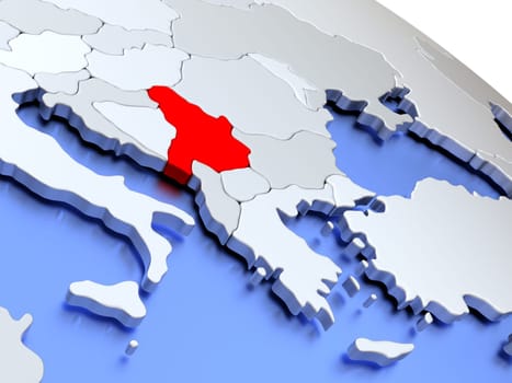 Map of Serbia on elegant silver 3D globe with blue oceans. 3D illustration