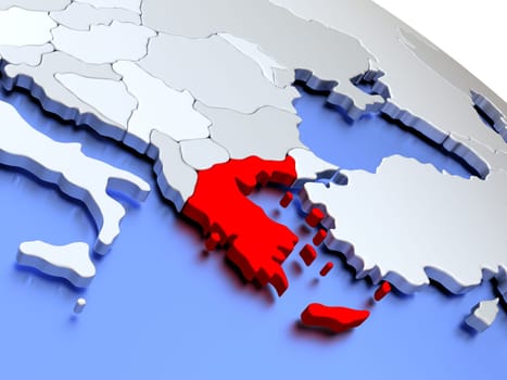 Map of Greece on elegant silver 3D globe with blue oceans. 3D illustration