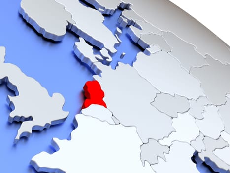 Map of Netherlands on elegant silver 3D globe with blue oceans. 3D illustration