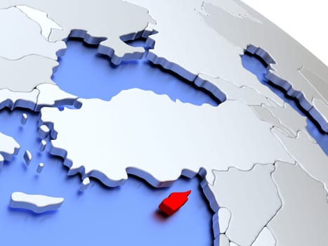 Map of Cyprus on elegant silver 3D globe with blue oceans. 3D illustration