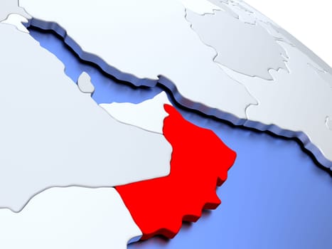 Map of Oman on elegant silver 3D globe with blue oceans. 3D illustration