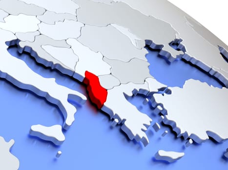 Map of Albania on elegant silver 3D globe with blue oceans. 3D illustration