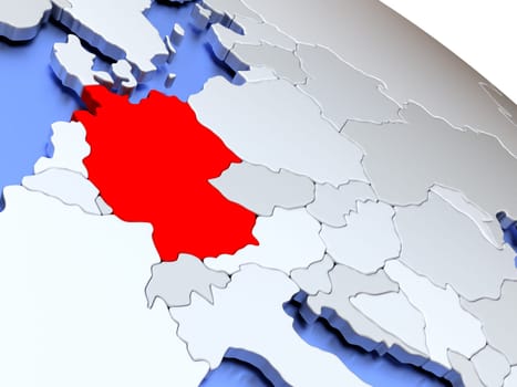 Map of Germany on elegant silver 3D globe with blue oceans. 3D illustration