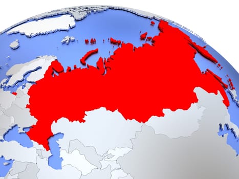 Map of Russia on elegant silver 3D globe with blue oceans. 3D illustration