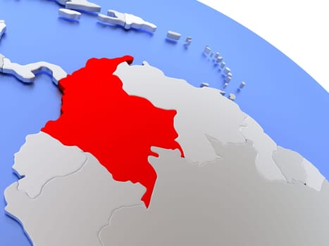 Map of Colombia on elegant silver 3D globe with blue oceans. 3D illustration
