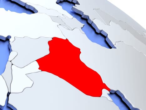 Map of Iraq on elegant silver 3D globe with blue oceans. 3D illustration