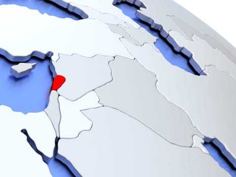 Map of Lebanon on elegant silver 3D globe with blue oceans. 3D illustration