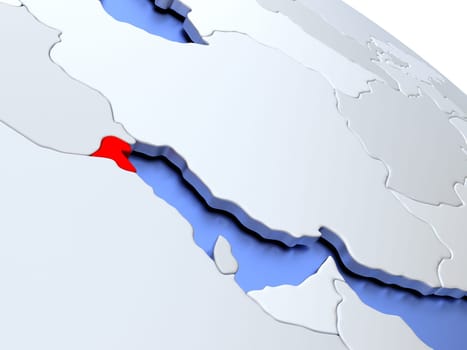Map of Kuwait on elegant silver 3D globe with blue oceans. 3D illustration