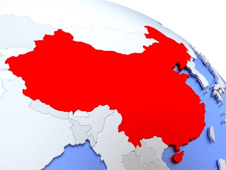 Map of China on elegant silver 3D globe with blue oceans. 3D illustration