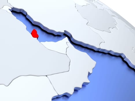 Map of Qatar on elegant silver 3D globe with blue oceans. 3D illustration