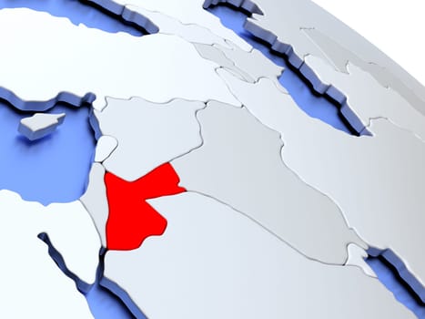 Map of Jordan on elegant silver 3D globe with blue oceans. 3D illustration