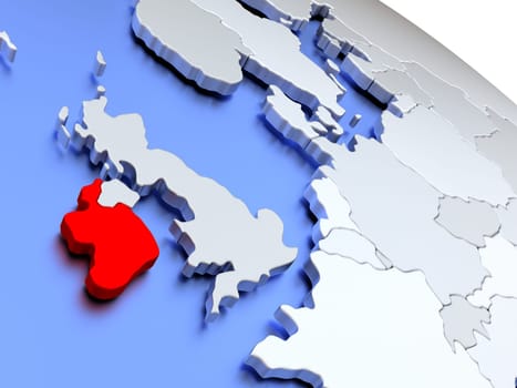 Map of Ireland on elegant silver 3D globe with blue oceans. 3D illustration